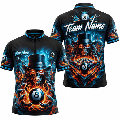 Flaming 8 Ball Skull Graphic Personalized Billiard Polo Shirt Jersey Zip 1 4 Collar