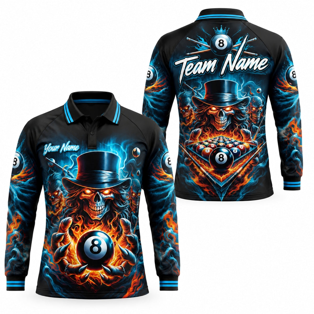 Flaming 8 Ball Skull Graphic Personalized Billiard Polo Shirt Long Sleeve Polo