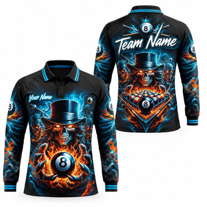 Flaming 8 Ball Skull Graphic Personalized Billiard Polo Shirt Long Sleeve Polo