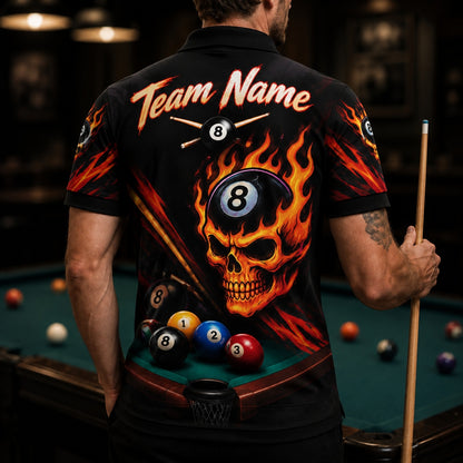 Flaming 8 Ball Skull Sport Custom Billiard Polo Shirt Back View