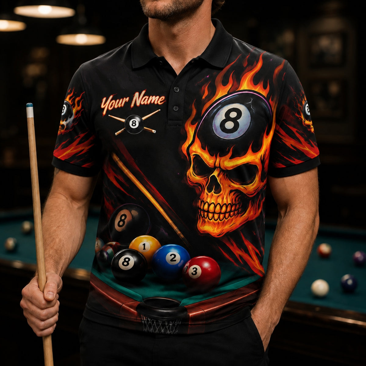 Flaming 8 Ball Skull Sport Custom Billiard Polo Shirt Front View
