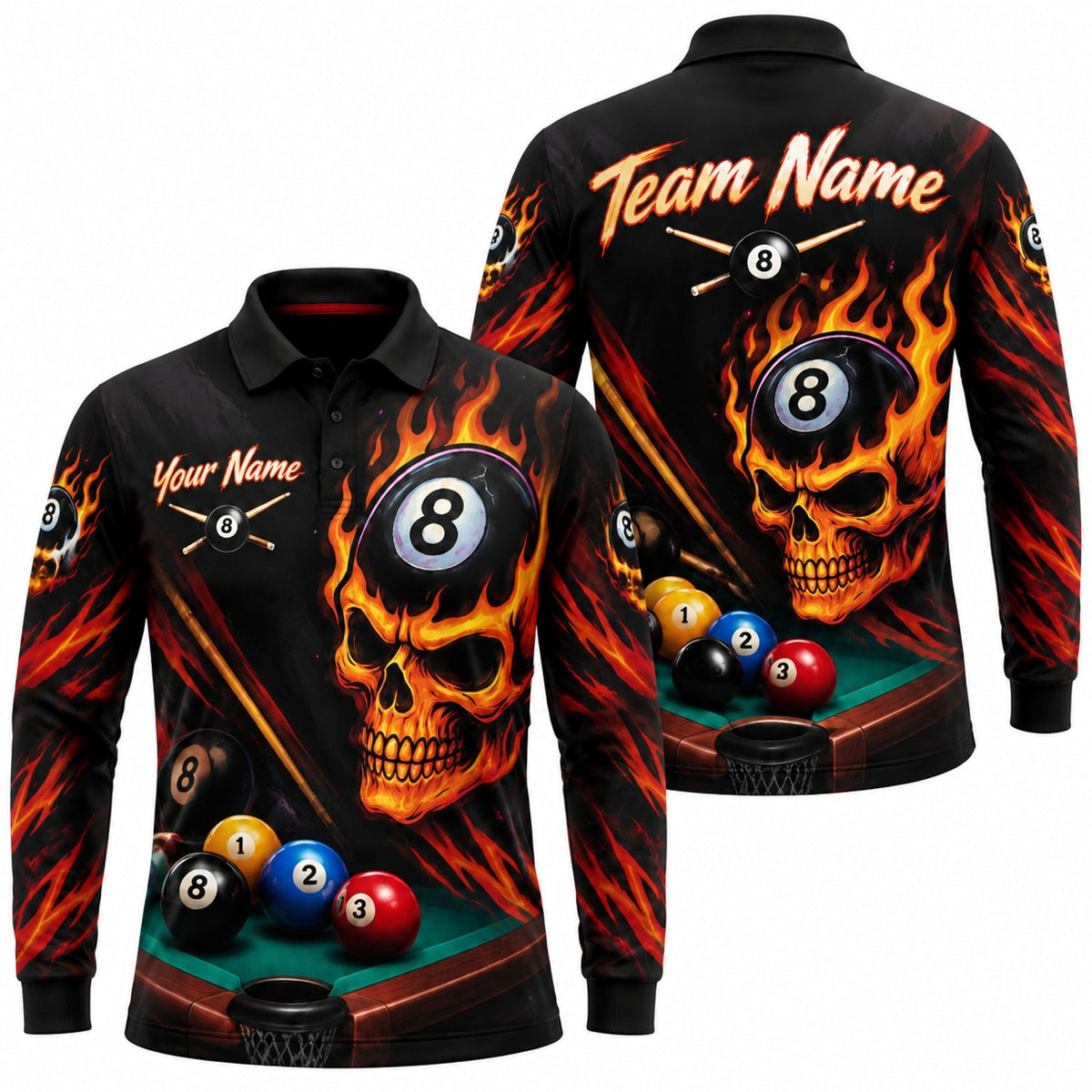 Flaming 8 Ball Skull Sport Custom Billiard Polo Shirt Long Sleeve Polo