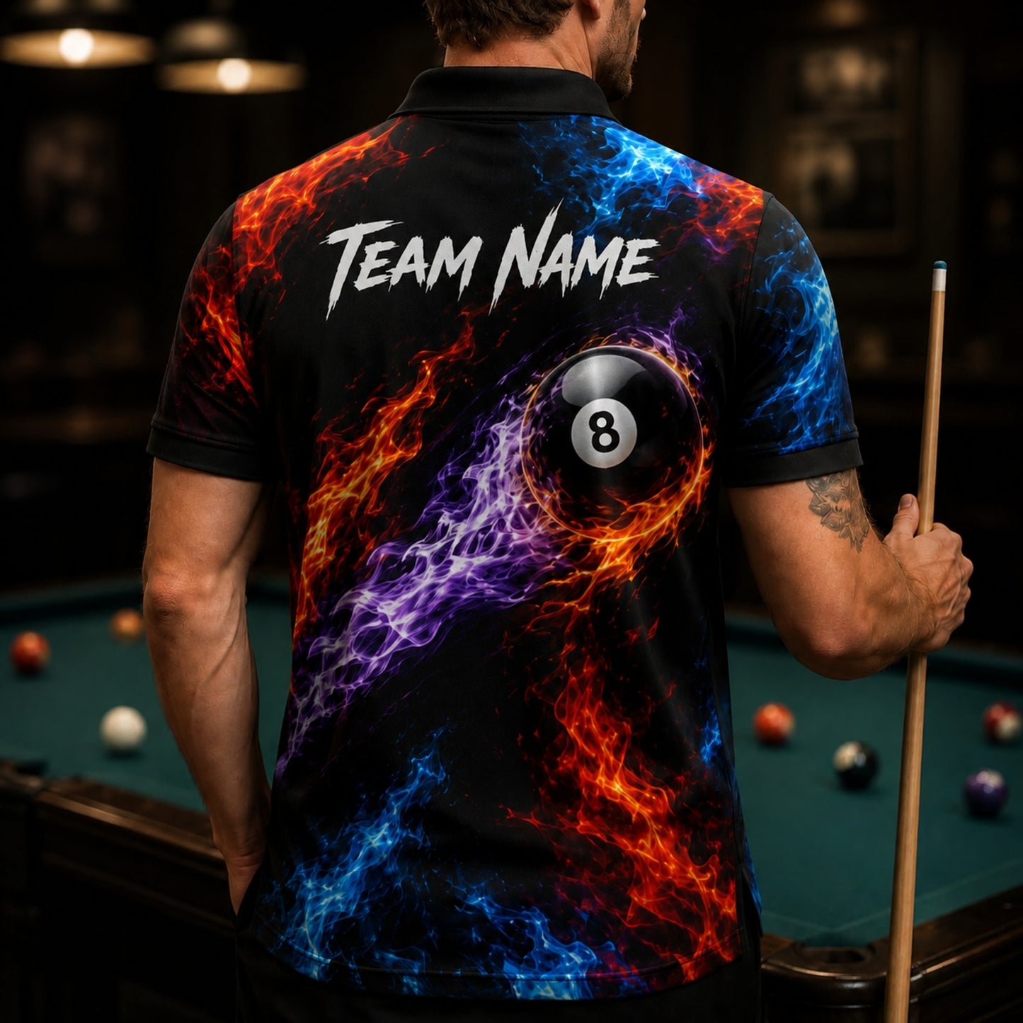 Flaming 8 Ball Sport Custom Billiard Polo Shirt Back View