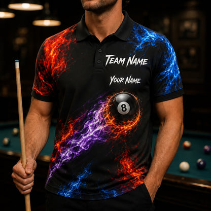 Flaming 8 Ball Sport Custom Billiard Polo Shirt Front View