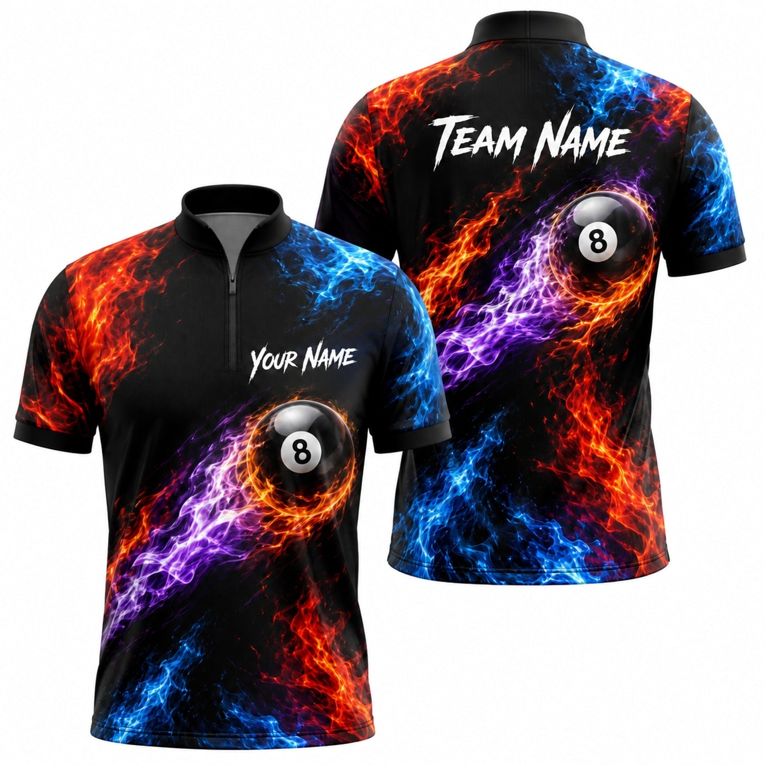 Flaming 8 Ball Sport Custom Billiard Polo Shirt Jersey Zip 1 4 Collar