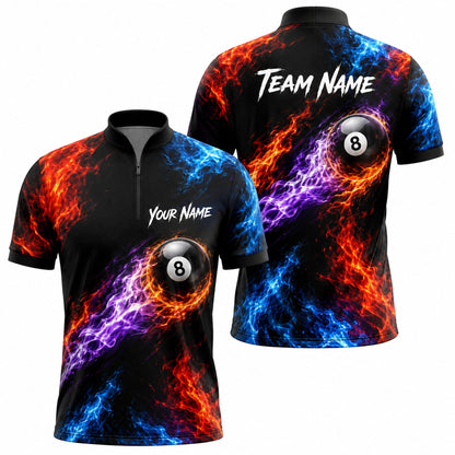 Flaming 8 Ball Sport Custom Billiard Polo Shirt Jersey Zip 1 4 Collar