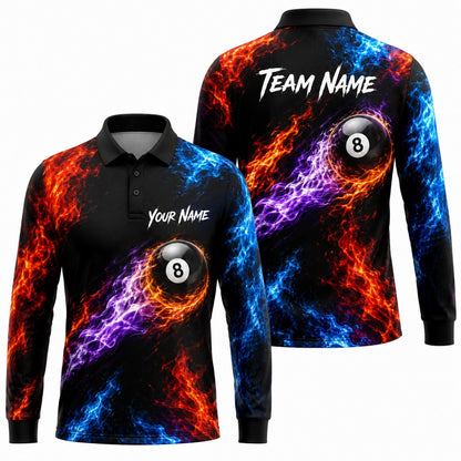 Flaming 8 Ball Sport Custom Billiard Polo Shirt Long Sleeve Polo