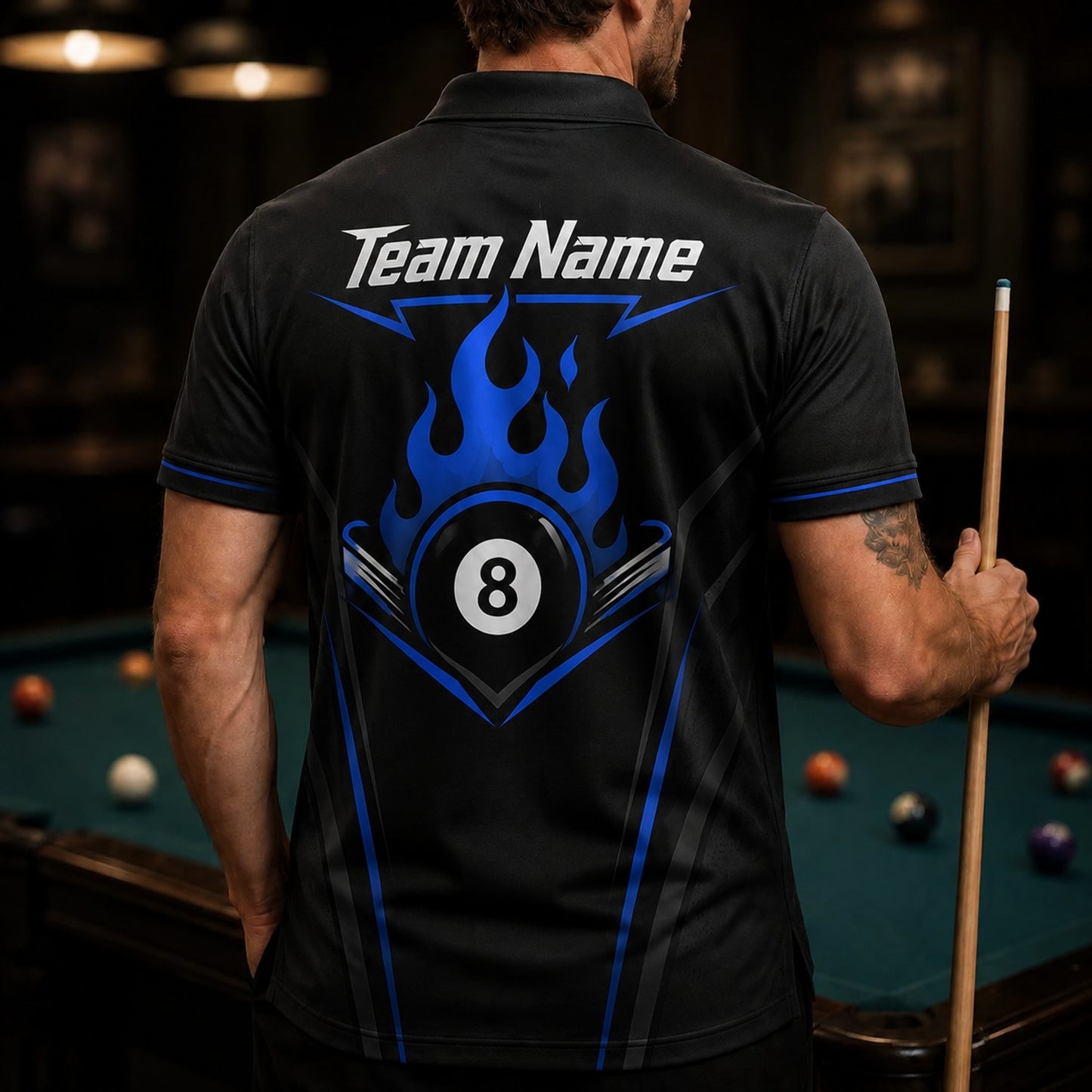 Flaming 8 Ball Sport Personalized Billiard Polo Shirt Back View