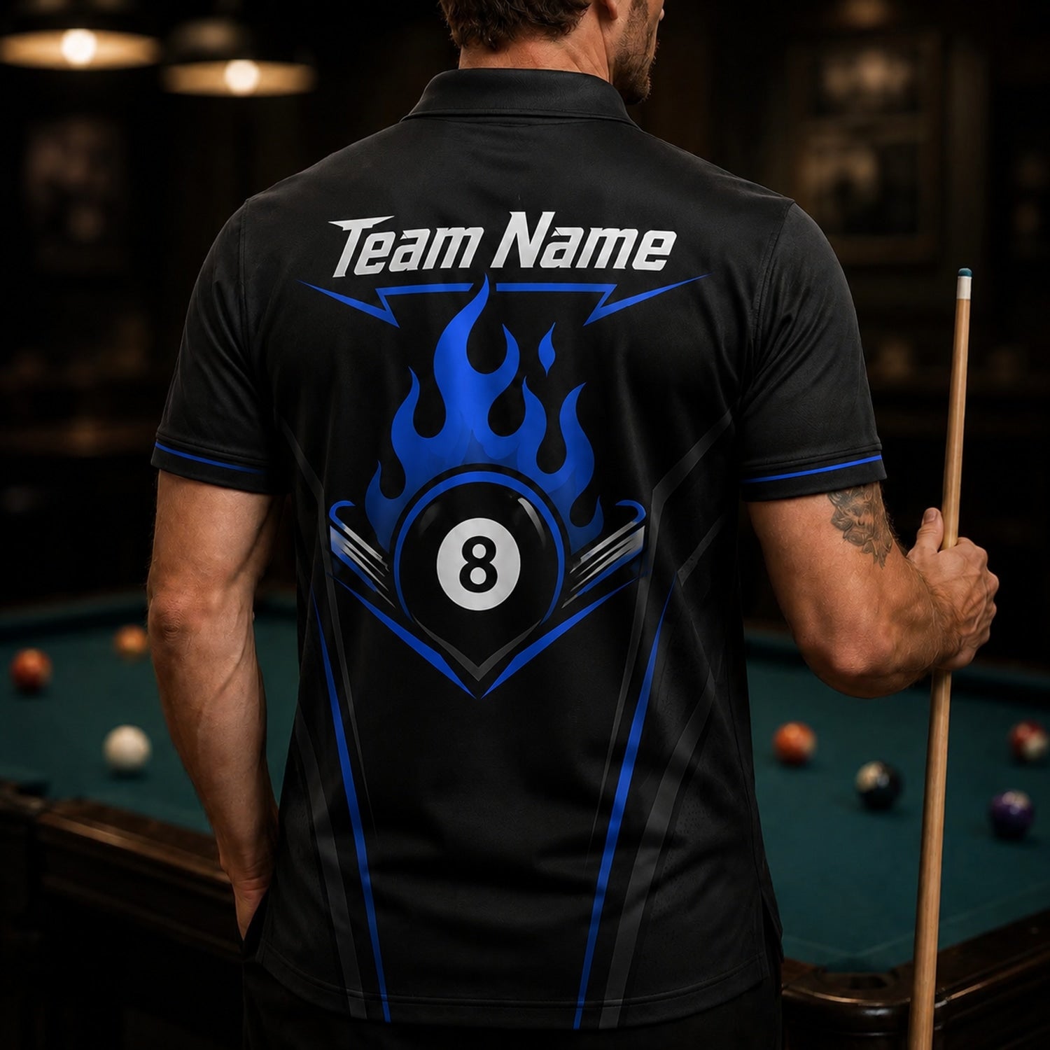Flaming 8 Ball Sport Personalized Billiard Polo Shirt Back View