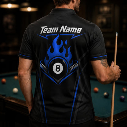 Flaming 8 Ball Sport Personalized Billiard Polo Shirt Back View