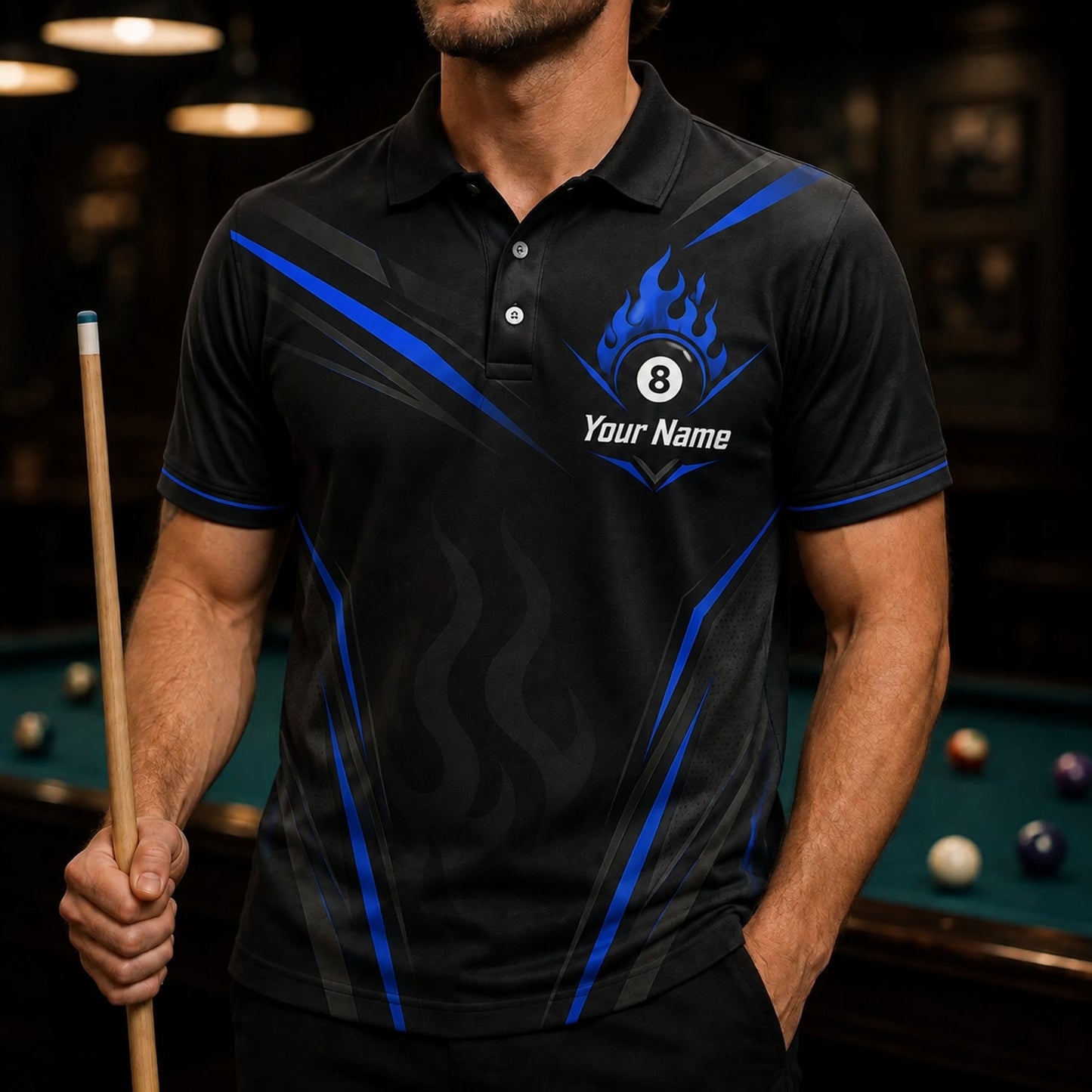 Flaming 8 Ball Sport Personalized Billiard Polo Shirt Front View