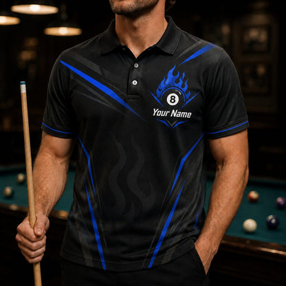Flaming 8 Ball Sport Personalized Billiard Polo Shirt Front View