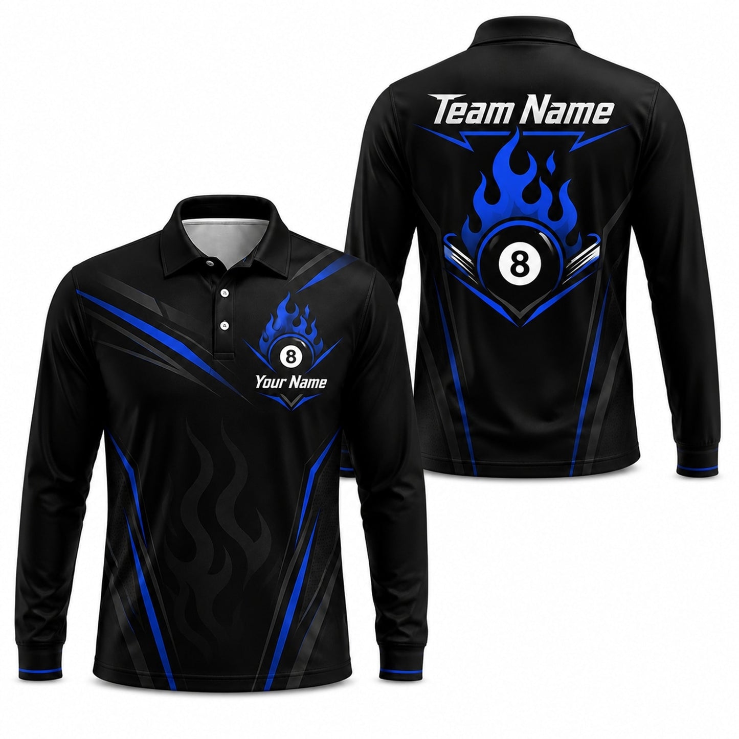 Flaming 8 Ball Sport Personalized Billiard Polo Shirt Long Sleeve Polo