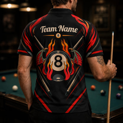 Flaming 8 Ball Wings Sport Personalized Billiard Polo Shirt Back View