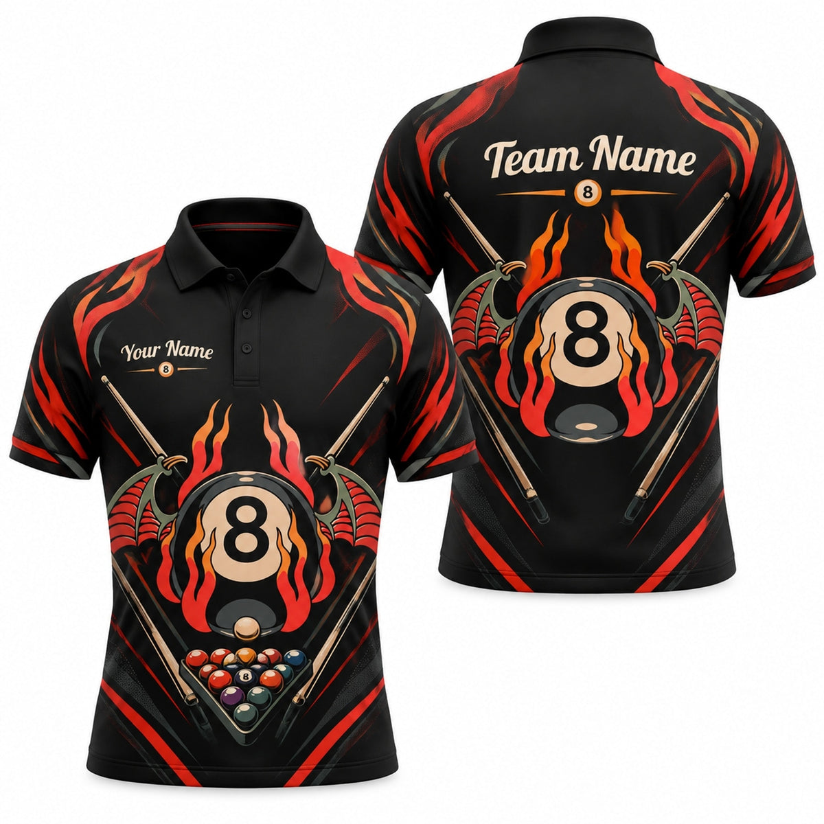 Flaming 8 Ball Wings Sport Personalized Billiard Polo Shirt