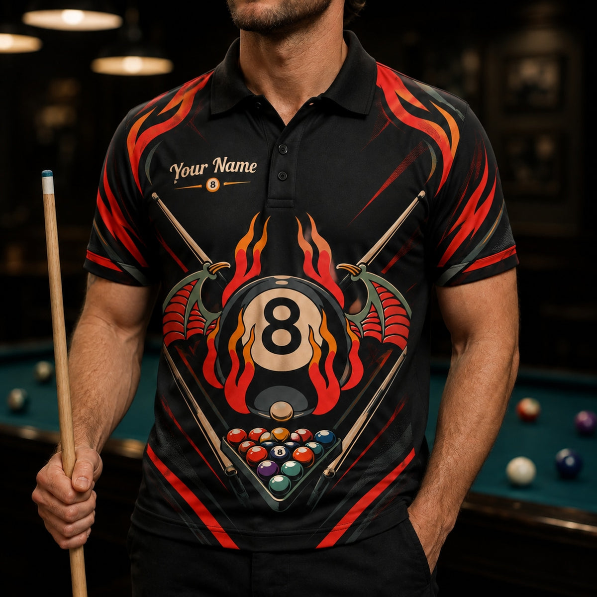 Flaming 8 Ball Wings Sport Personalized Billiard Polo Shirt Front View