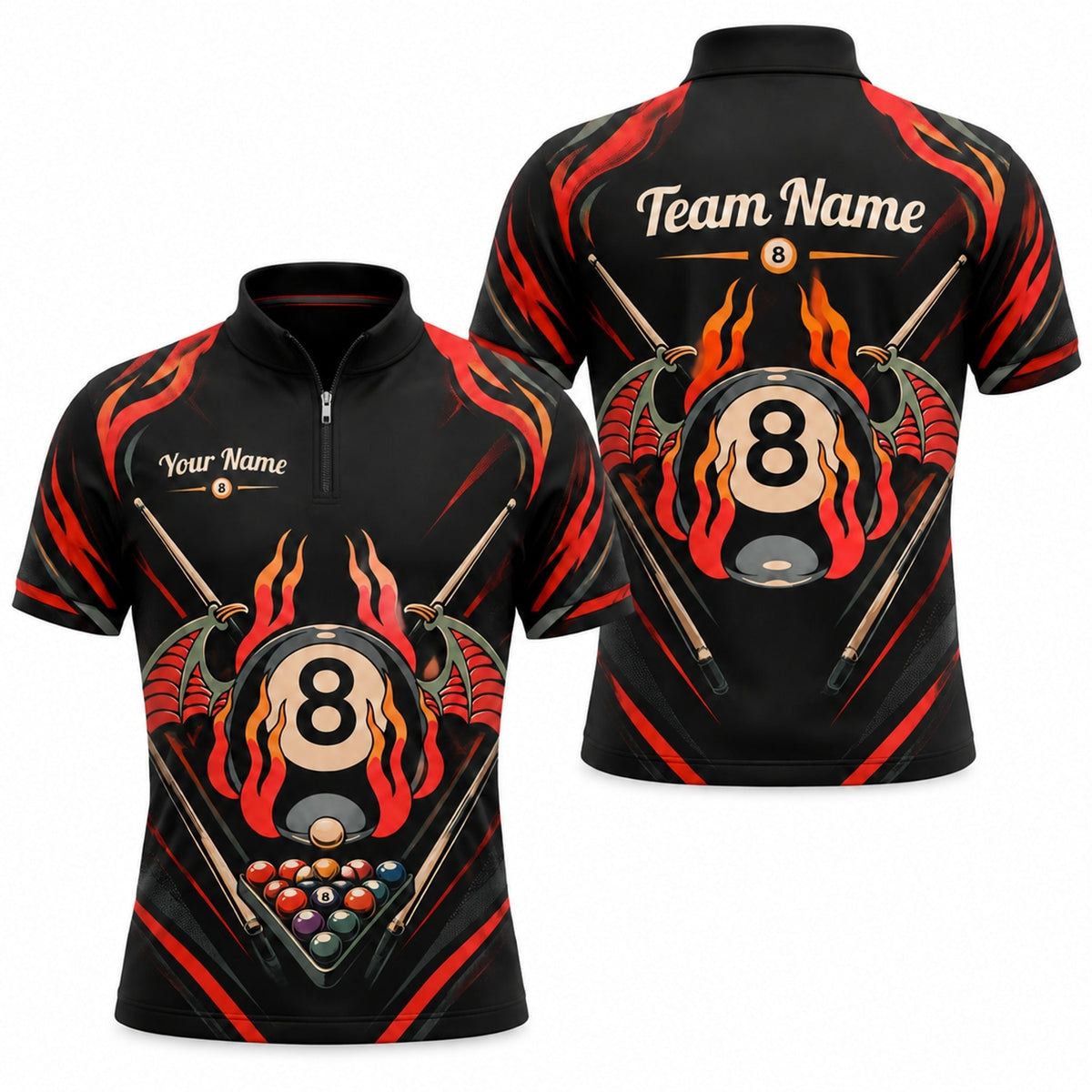 Flaming 8 Ball Wings Sport Personalized Billiard Polo Shirt Jersey Zip 1 4 Collar