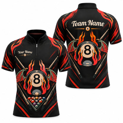 Flaming 8 Ball Wings Sport Personalized Billiard Polo Shirt Jersey Zip 1 4 Collar