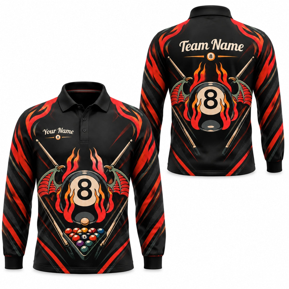 Flaming 8 Ball Wings Sport Personalized Billiard Polo Shirt Long Sleeve Polo