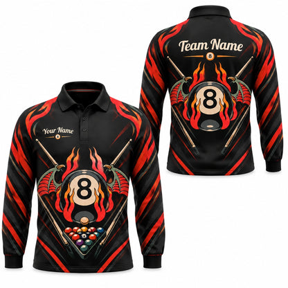 Flaming 8 Ball Wings Sport Personalized Billiard Polo Shirt Long Sleeve Polo