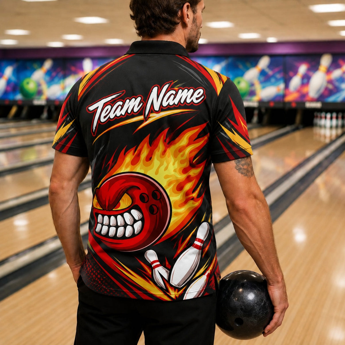 Flaming Angry Bowling Ball Graphic Personalized Bowling Polo Shirt Back View