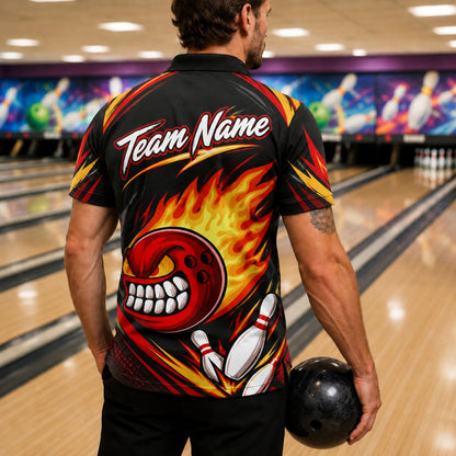 Flaming Angry Bowling Ball Graphic Personalized Bowling Polo Shirt Back View