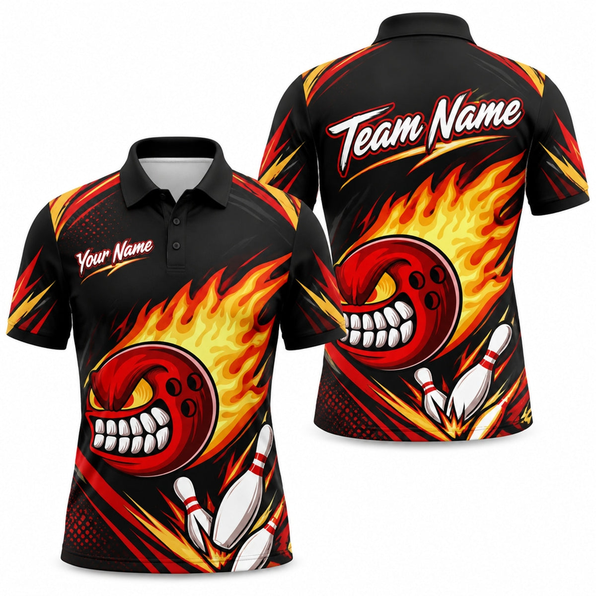 Flaming Angry Bowling Ball Graphic Personalized Bowling Polo Shirt