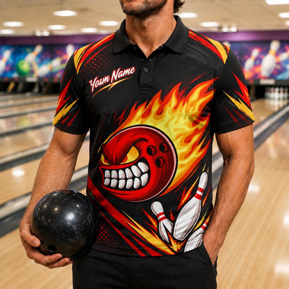 Flaming Angry Bowling Ball Graphic Personalized Bowling Polo Shirt Front View