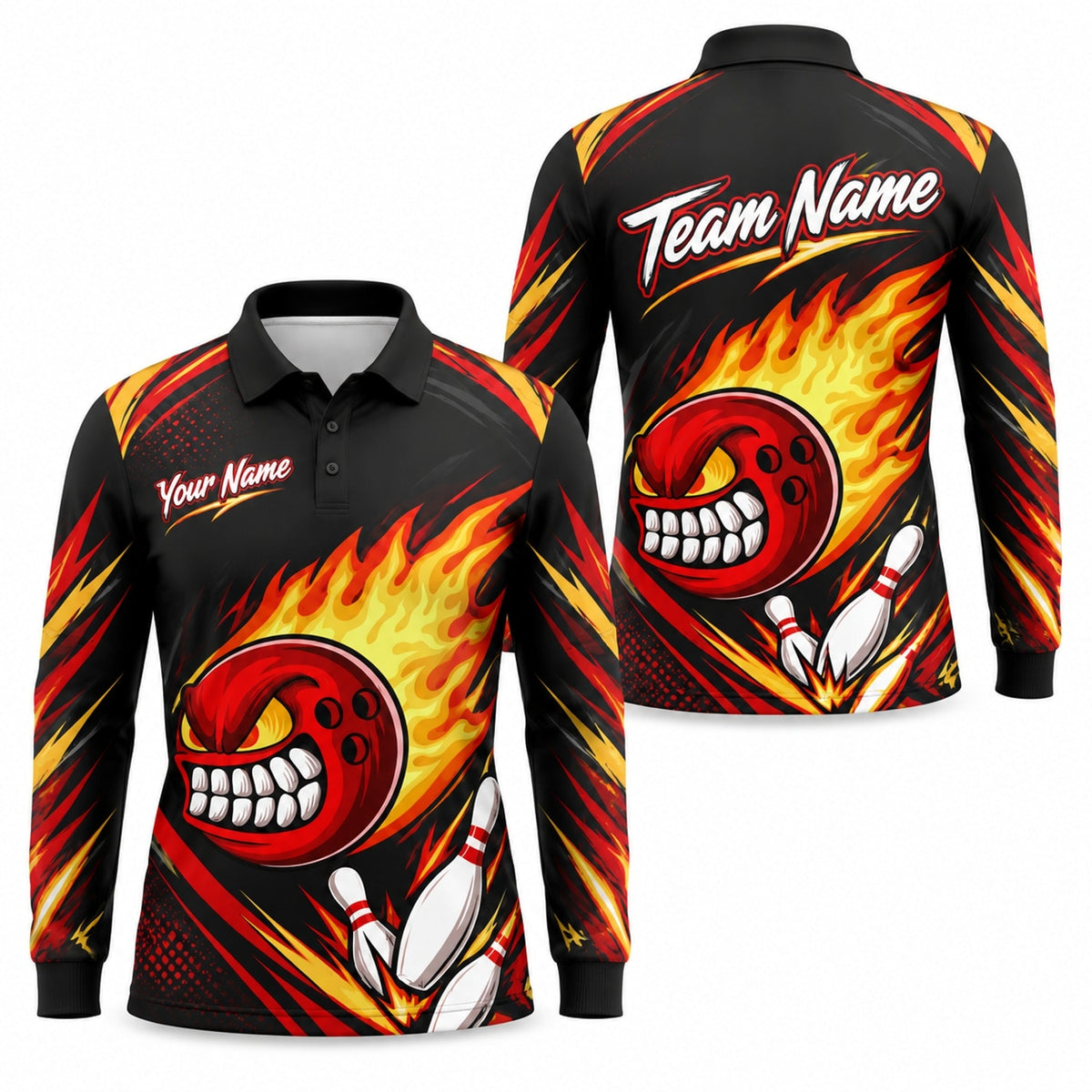 Flaming Angry Bowling Ball Graphic Personalized Bowling Polo Shirt Long Sleeve Polo