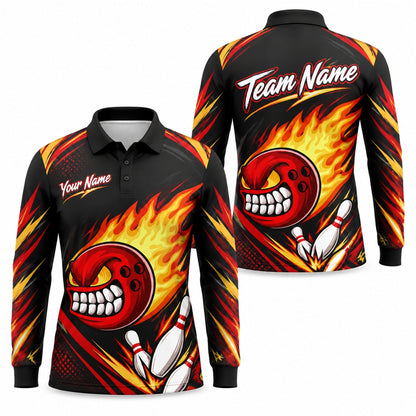Flaming Angry Bowling Ball Graphic Personalized Bowling Polo Shirt Long Sleeve Polo