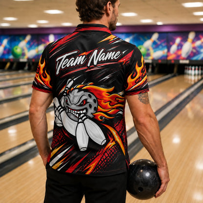 Flaming Bowling Ball Graphic Custom Bowling Polo Shirt Back View