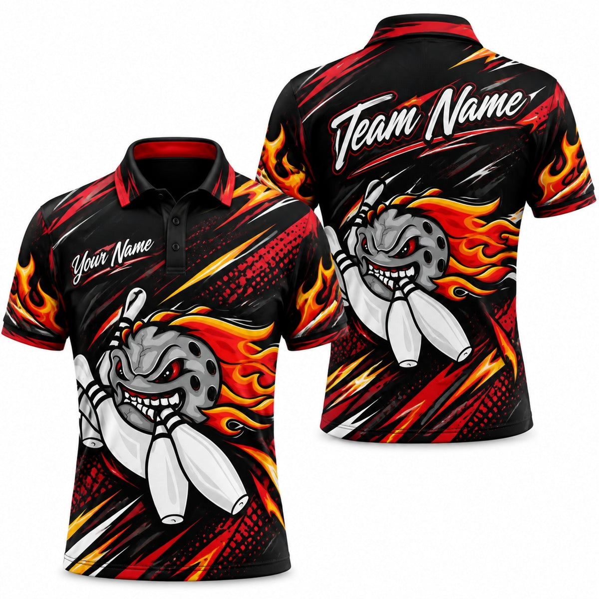 Flaming Bowling Ball Graphic Custom Bowling Polo Shirt
