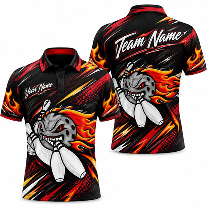 Flaming Bowling Ball Graphic Custom Bowling Polo Shirt