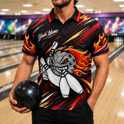 Flaming Bowling Ball Graphic Custom Bowling Polo Shirt Front View