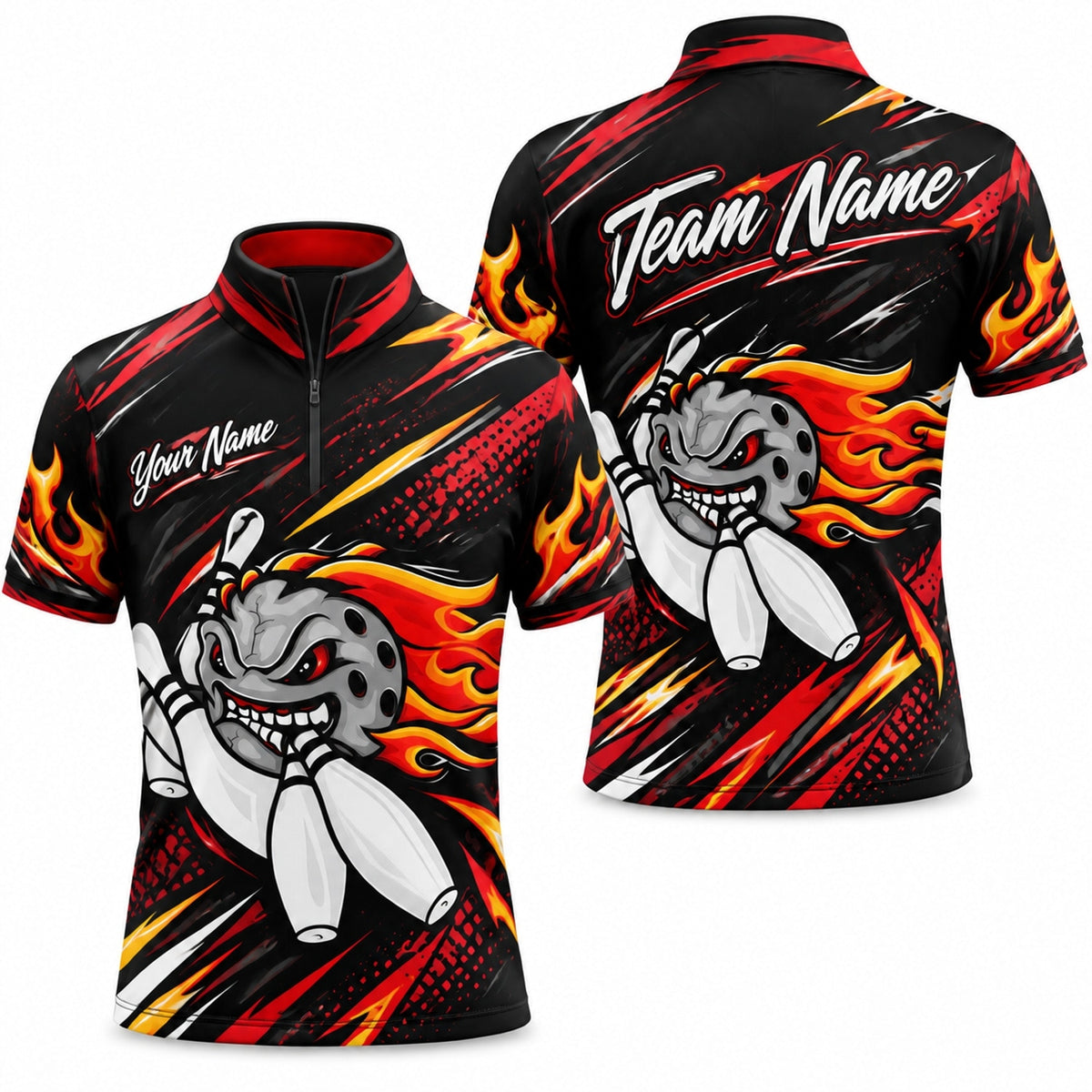 Flaming Bowling Ball Graphic Custom Bowling Polo Shirt Jersey Zip 1 4 Collar