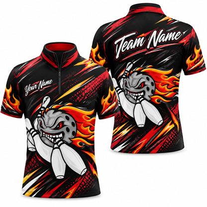 Flaming Bowling Ball Graphic Custom Bowling Polo Shirt Jersey Zip 1 4 Collar