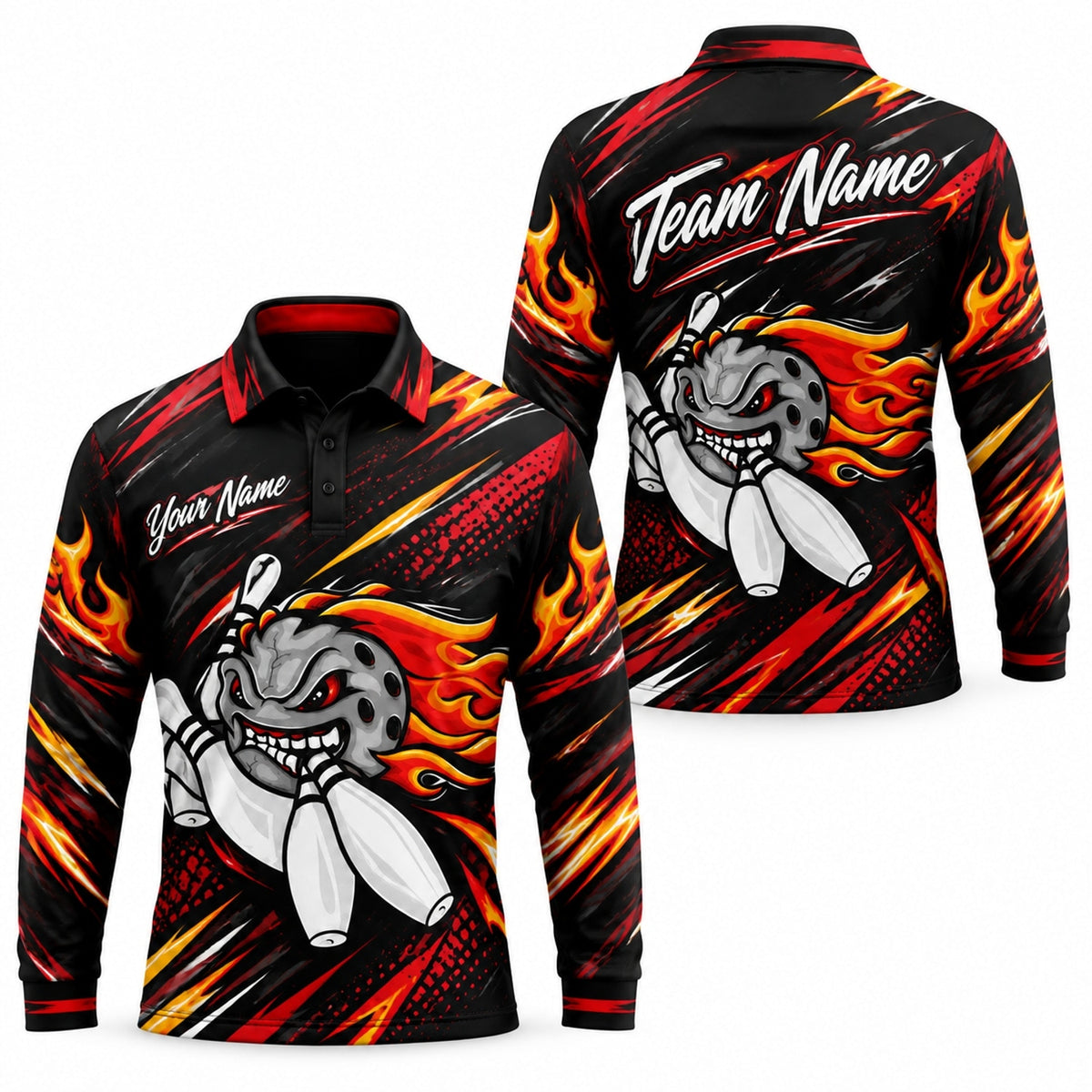 Flaming Bowling Ball Graphic Custom Bowling Polo Shirt Long Sleeve Polo