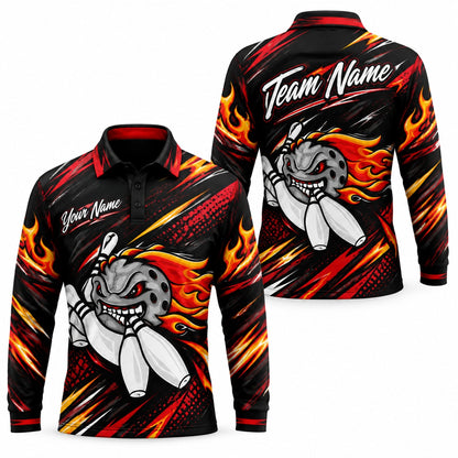 Flaming Bowling Ball Graphic Custom Bowling Polo Shirt Long Sleeve Polo