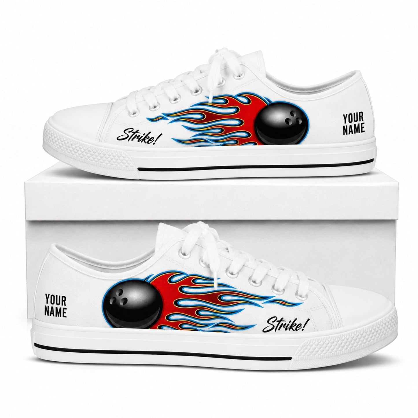 Flaming Bowling Ball Graphic Custom Low Top Shoes Box White