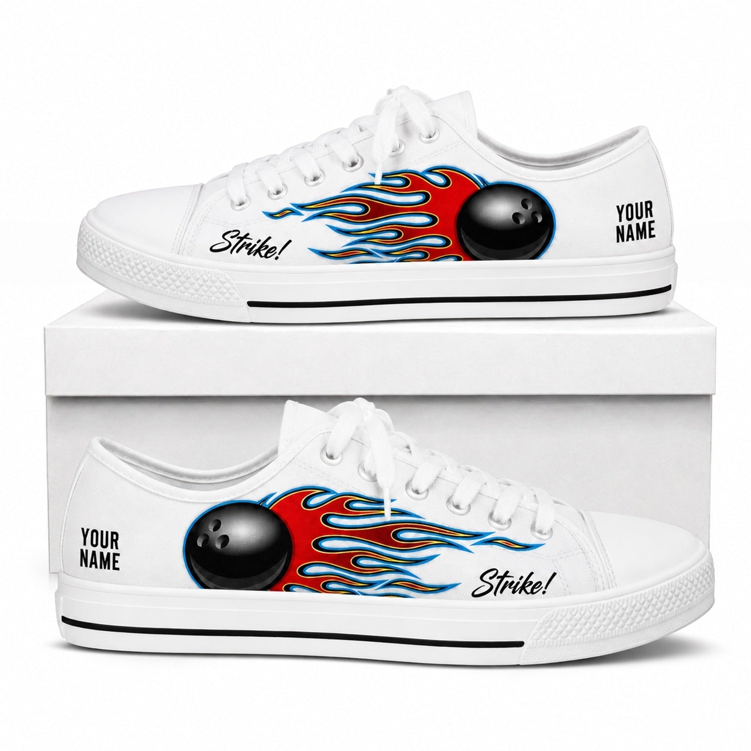 Flaming Bowling Ball Graphic Custom Low Top Shoes Box White