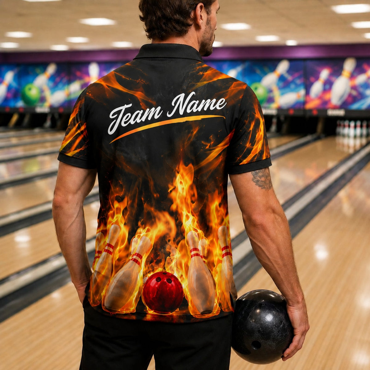 Flaming Bowling Ball Graphic Personalized Bowling Polo Shirt Back View