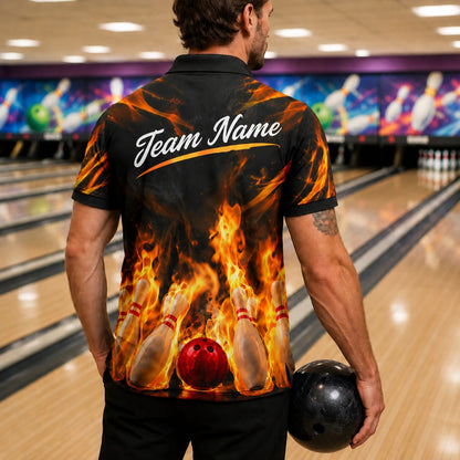 Flaming Bowling Ball Graphic Personalized Bowling Polo Shirt Back View