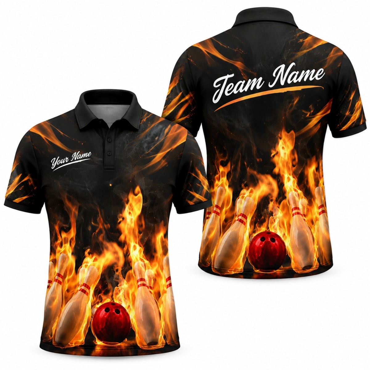 Flaming Bowling Ball Graphic Personalized Bowling Polo Shirt
