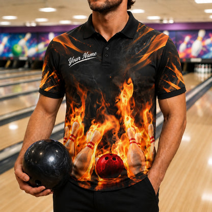 Flaming Bowling Ball Graphic Personalized Bowling Polo Shirt Front View