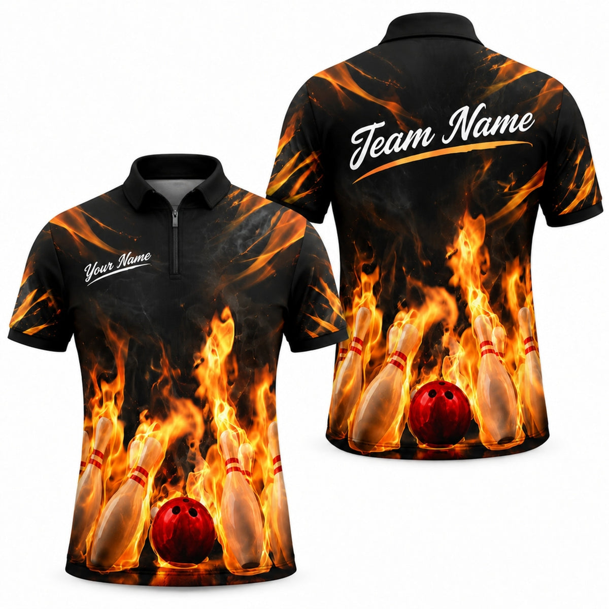 Flaming Bowling Ball Graphic Personalized Bowling Polo Shirt Jersey Zip 1 4 Collar