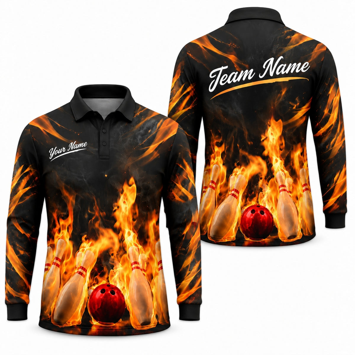 Flaming Bowling Ball Graphic Personalized Bowling Polo Shirt Long Sleeve Polo