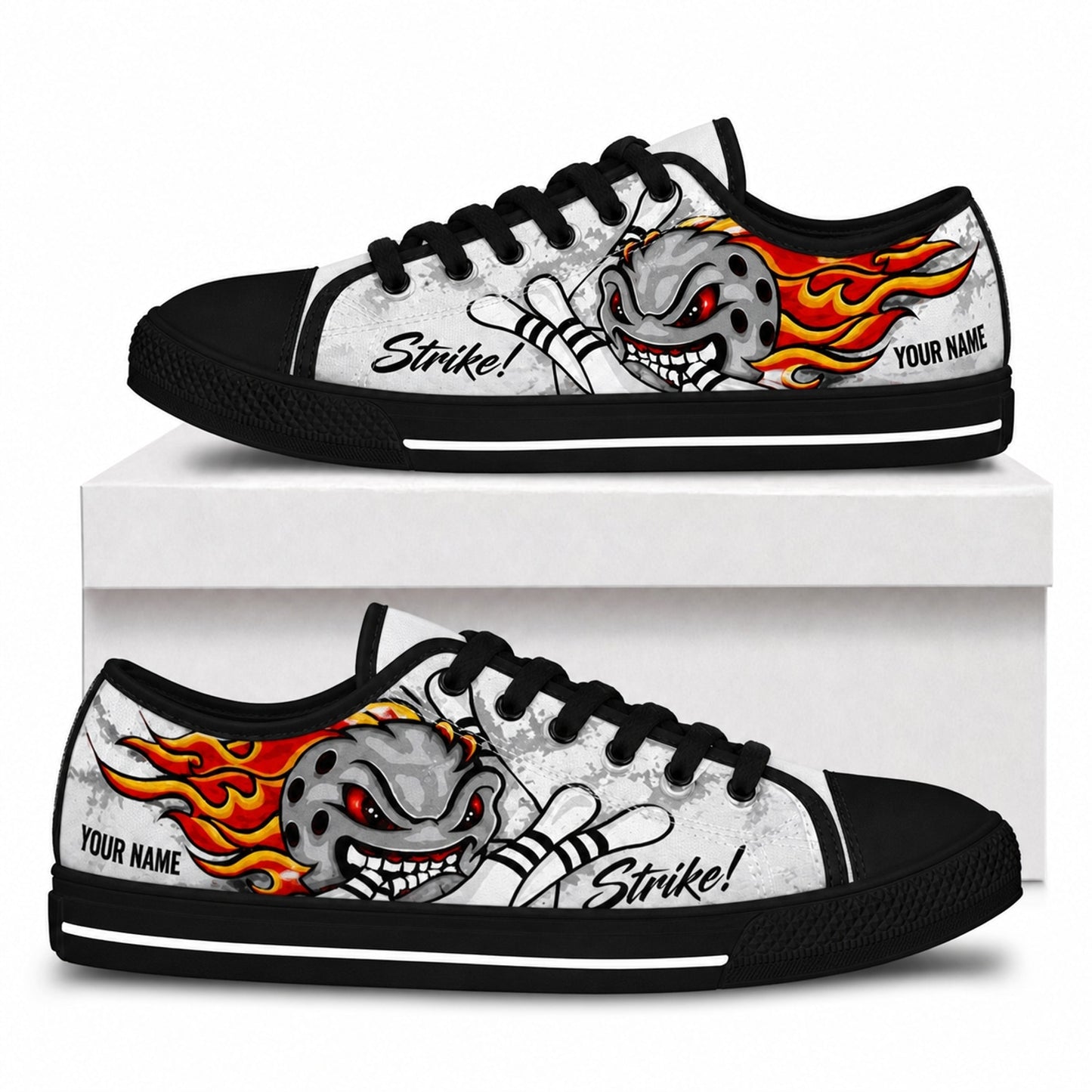 Flaming Bowling Ball Graphic Personalized Low Top Shoes Box Black