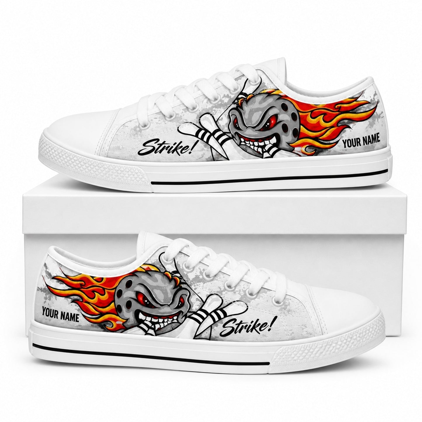Flaming Bowling Ball Graphic Personalized Low Top Shoes Box White