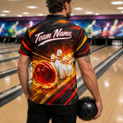 Flaming Bowling Ball Strike Custom Bowling Polo Shirt Back View
