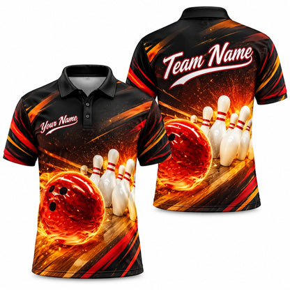 Flaming Bowling Ball Strike Custom Bowling Polo Shirt